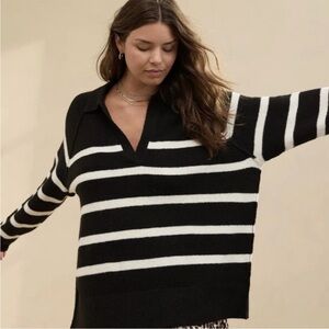 NWT Aerie UnReal Black and White Stripe Oversized Collared Sweater Size Small